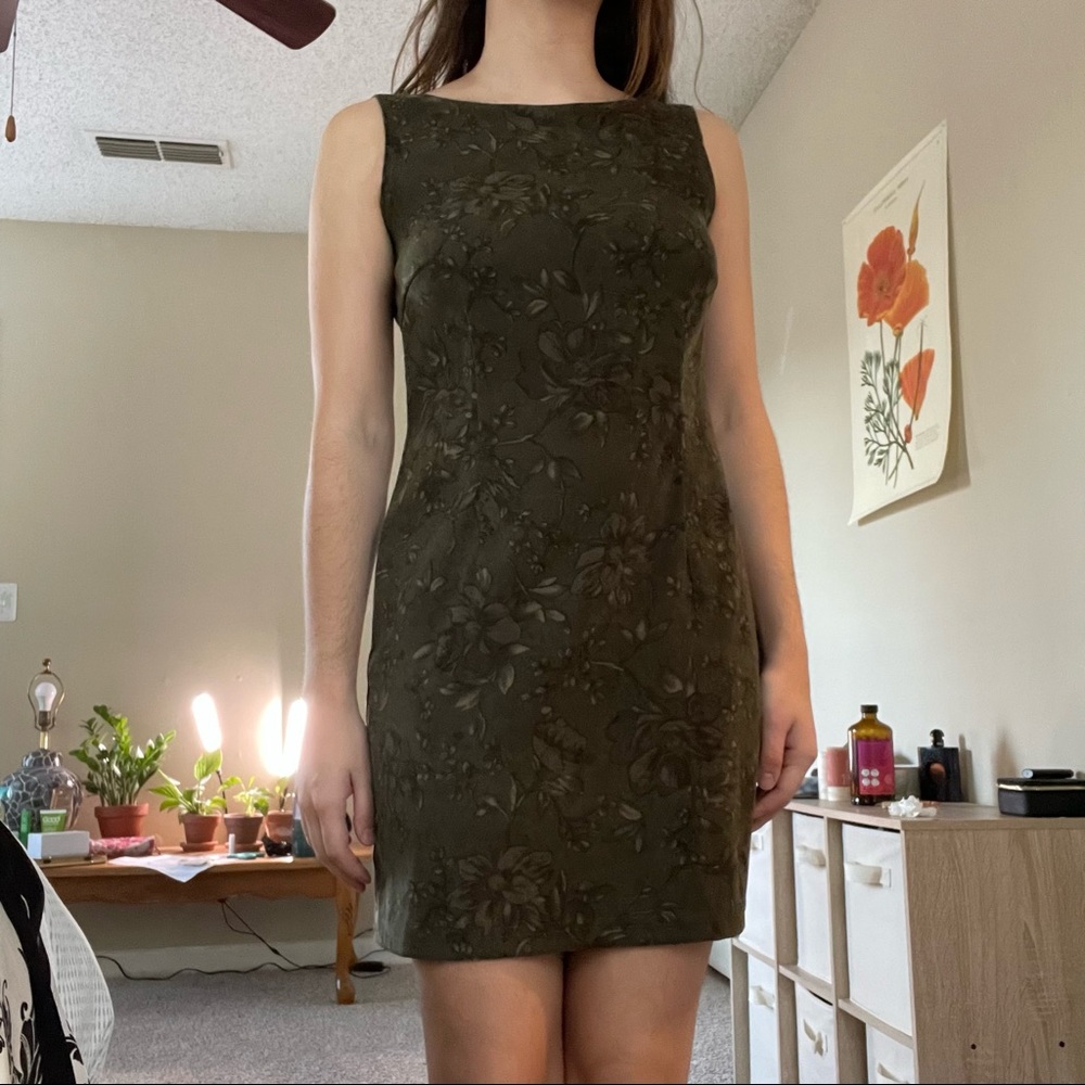 90s Olive Suede Floral Dress